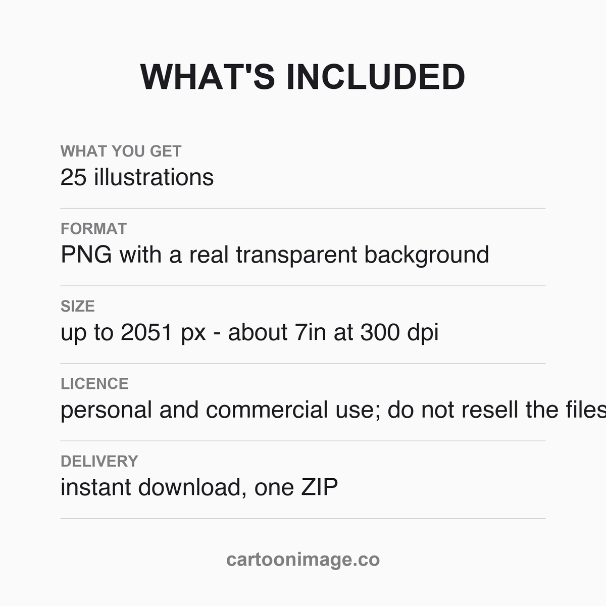A flat card listing the pack contents: 25 punctuation PNG files with transparent backgrounds, largest edge about 2051 px, instant ZIP download and licence notes.