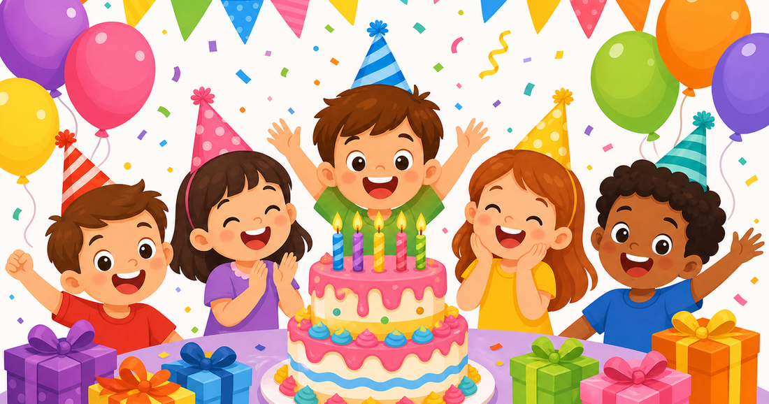 Cartoon-themed kids birthday party with balloons, cake, party hats and gifts