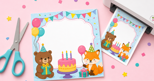 Printable birthday invitation card with cute bear and fox, scissors and a printer