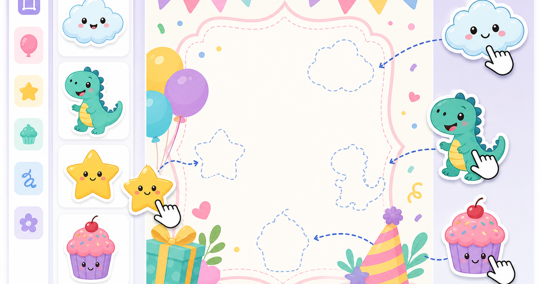 Birthday invitation maker tool with cute clipart stickers dragged onto a card template
