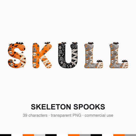 A few large Skeleton Spooks characters on a plain ground, showing tiny spiders with accent-coloured abdomens tucked at the top-left, wispy spiderwebs across the top-right, mini tombstones down the left edge, mummy bandage strips on the right edge and small bats with accent-coloured eyes above.