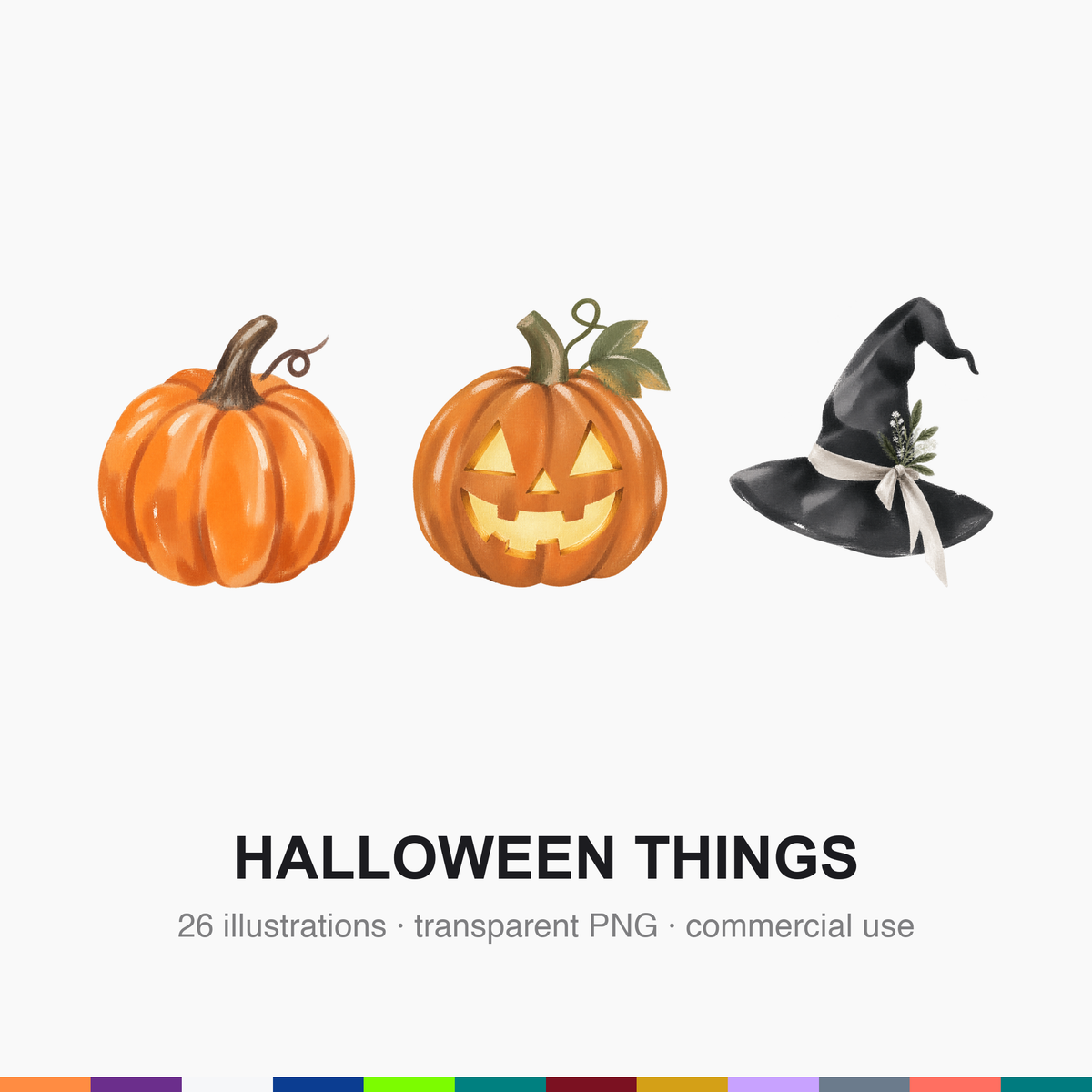 Several large characters shown on a plain ground with Halloween decorations including tiny carved pumpkins at the top-left, witch hats and crescent moons across the faces, and silvery cobweb strands with bats at the right and {accent} stitch accents.