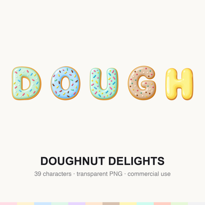 Bright doughnut-shaped letters arranged together showing glossy icing, pink #FF4D8A highlight streaks and scattered sprinkles