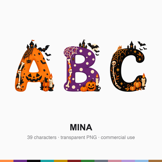 A few large Mina characters shown on a plain ground with a spider web at the top-left, castle turret behind the top and bats at the top-right.