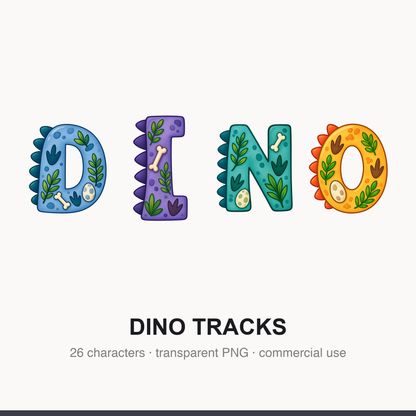 Large preview showing the Dino Tracks Alphabet title and a selection of letters on a transparent background.