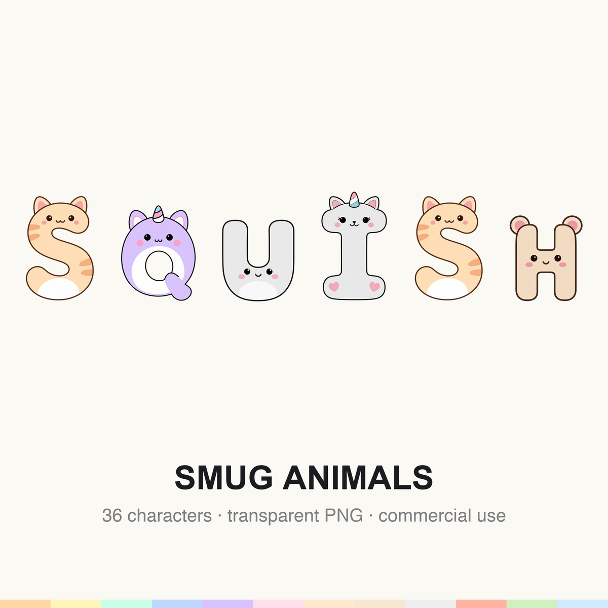 A selection of smug animal letter PNGs shown together with embroidered-style winks, freckles and a mini felt badge accented in #FF6B6B.