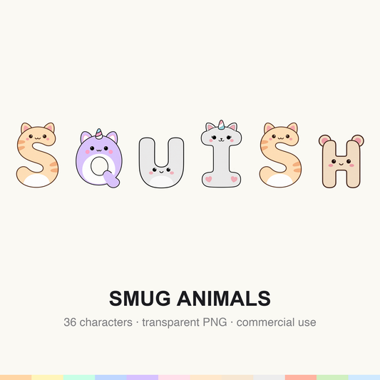 A selection of smug animal letter PNGs shown together with embroidered-style winks, freckles and a mini felt badge accented in #FF6B6B.