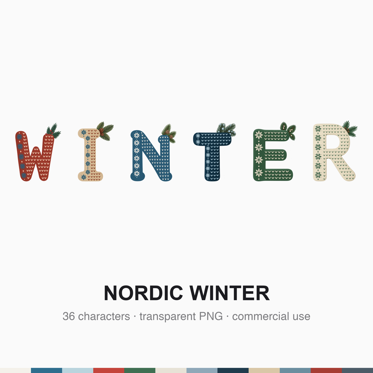Sample letter showing left-hand band of eight-point Nordic snowflakes in #2E6E8E, chevron stitch face and crossed pine sprigs at the top-right