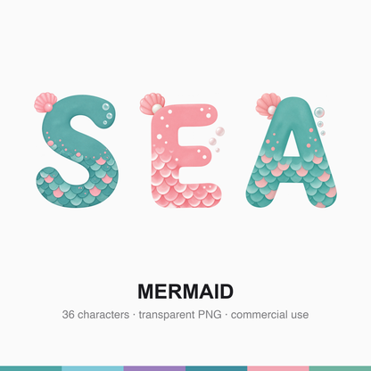 A single large mermaid-style alphabet character with scallop-shaped scales on the lower half, a small pink shell at the top-left and tiny bubbles rising on the right.