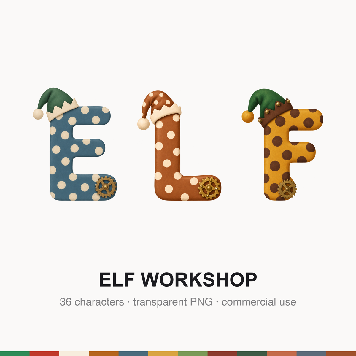 A single sample elf workshop letter with green and cream vertical stripes, a small brass gear on the bottom-right and a pointed elf hat tipped on the top-left, shown on a white background.