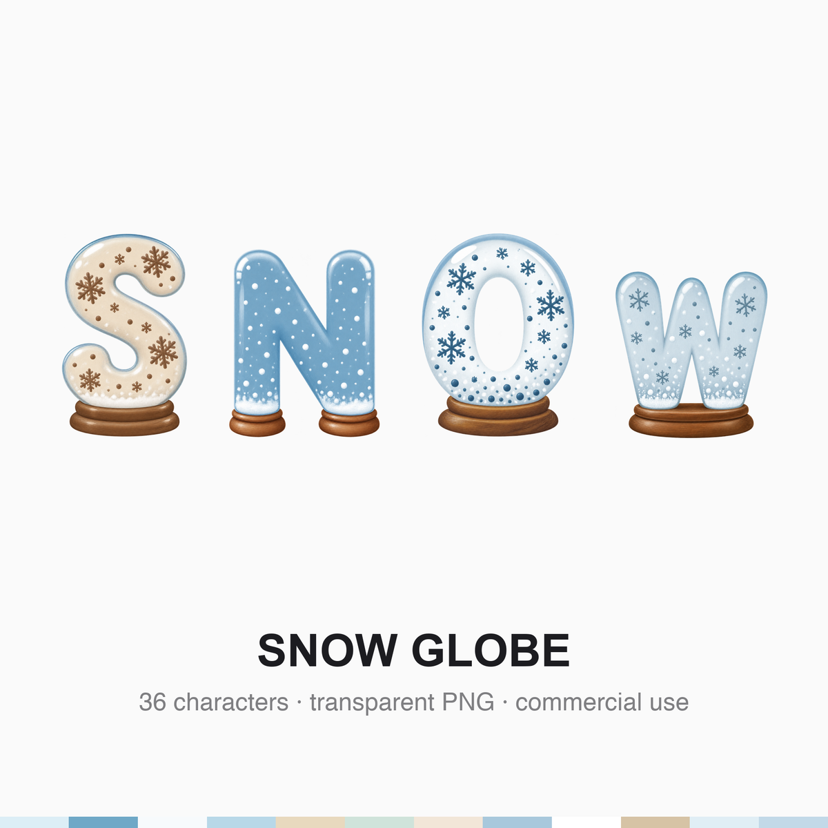 Single snow globe alphabet character on a transparent background showing glass sheen, pale blue rim, scattered snow flecks and a turned wooden base.