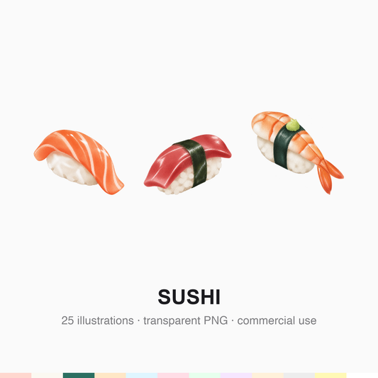 A few sushi-themed punctuation characters shown large on a plain warm off-white paper ground, with sesame seeds, a nori strip and a curled pickled-ginger accent.