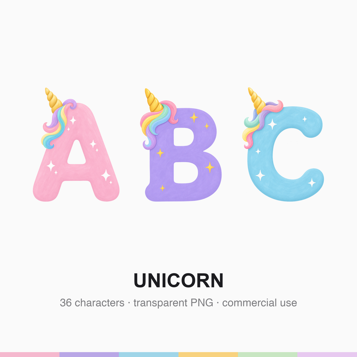 A large unicorn-themed capital letter showing a spiralled gold horn at the top-left, a pastel rainbow tuft and tiny star sparkles.
