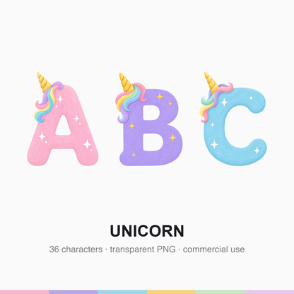 A large unicorn-themed capital letter showing a spiralled gold horn at the top-left, a pastel rainbow tuft and tiny star sparkles.