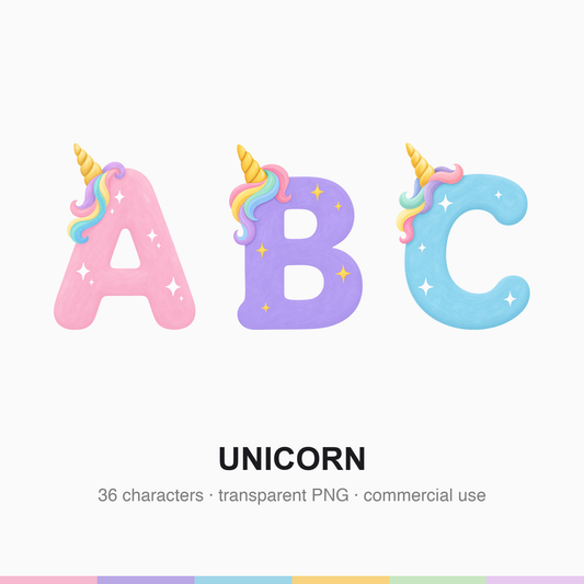 A large unicorn-themed capital letter showing a spiralled gold horn at the top-left, a pastel rainbow tuft and tiny star sparkles.