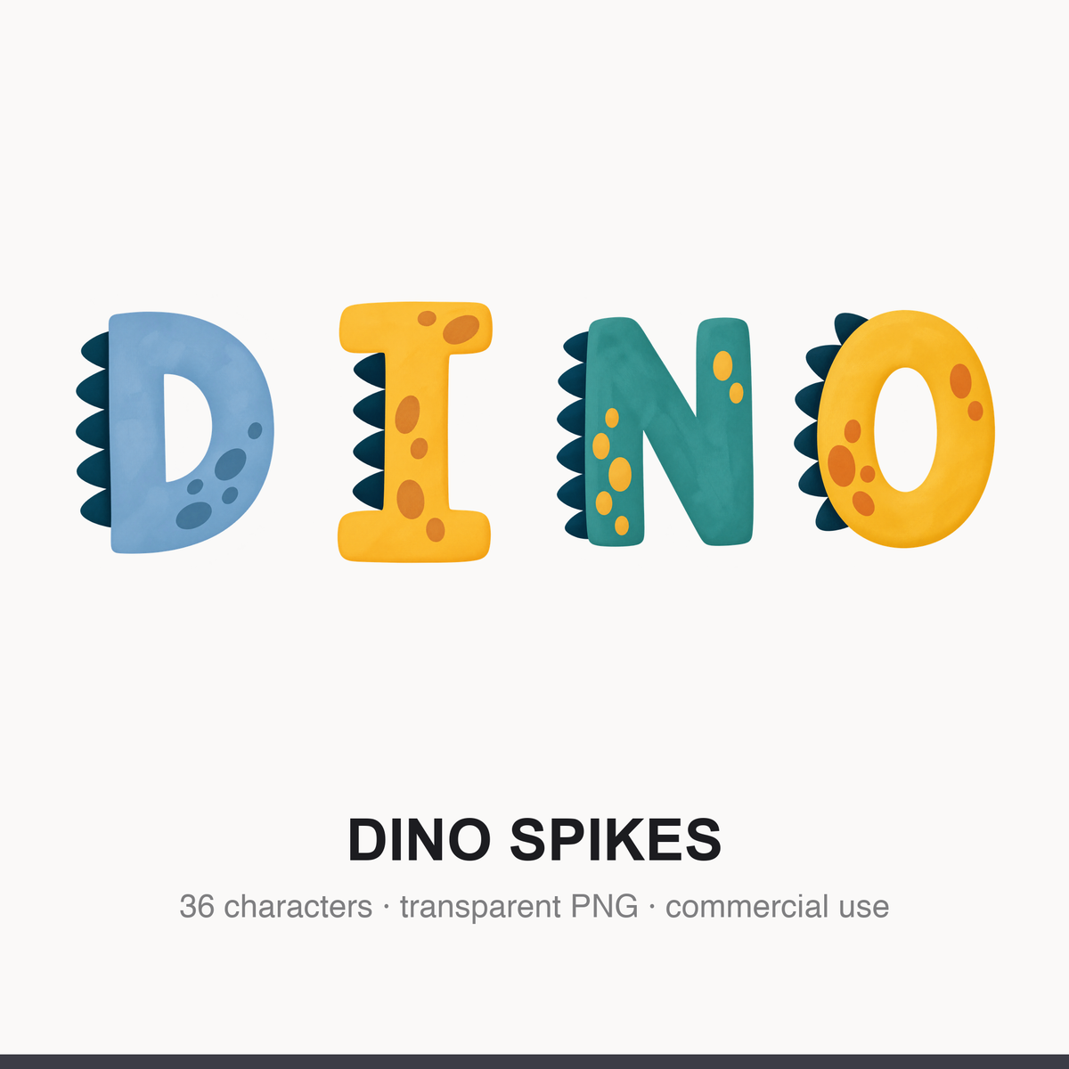 Hero display of multiple Dino Spikes alphabet characters on a white background showing dark teal triangular back-plates down the left edge and soft oval spots