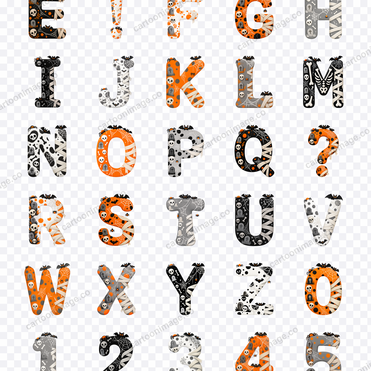 All 39 characters from the Skeleton Spooks set arranged in a grid on a transparency checkerboard, each featuring skeleton styling with corner spiders, webs, tombstones and bandage accents.