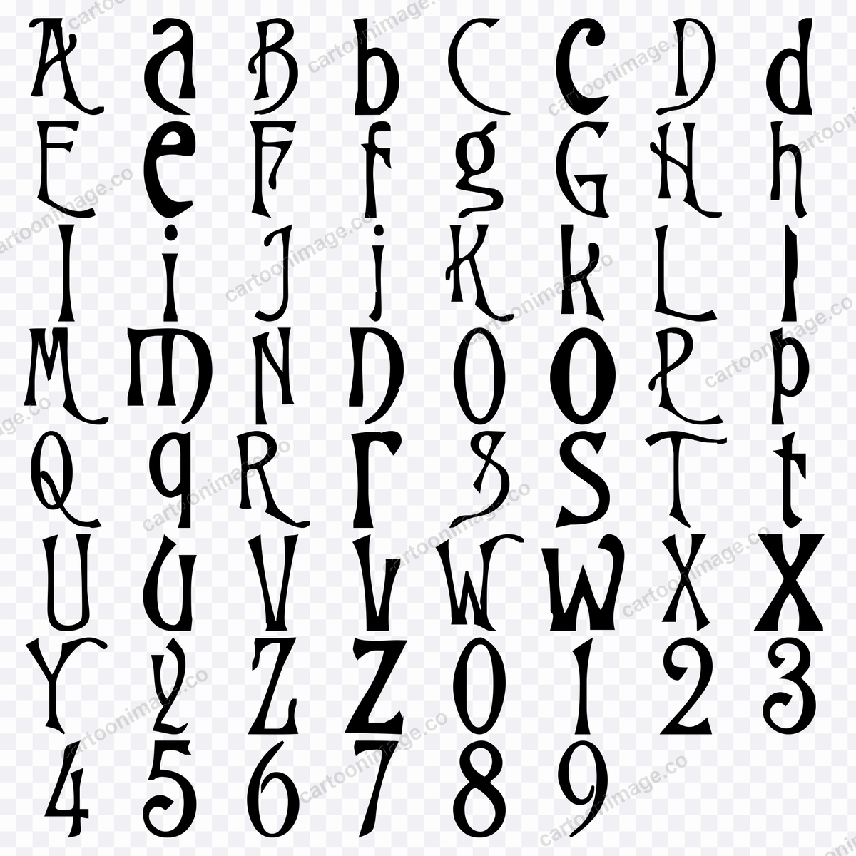 Grid showing every character and numeral from the pack on a transparency checkerboard, displaying all 62 PNG files