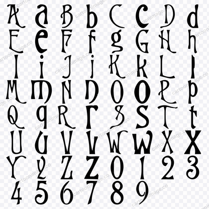 Grid showing every character and numeral from the pack on a transparency checkerboard, displaying all 62 PNG files