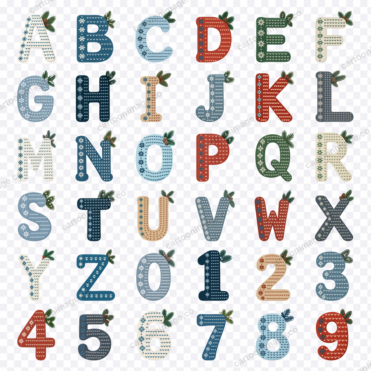 All 36 characters (26 letters and 10 numerals) arranged in a grid on a transparent checkerboard background