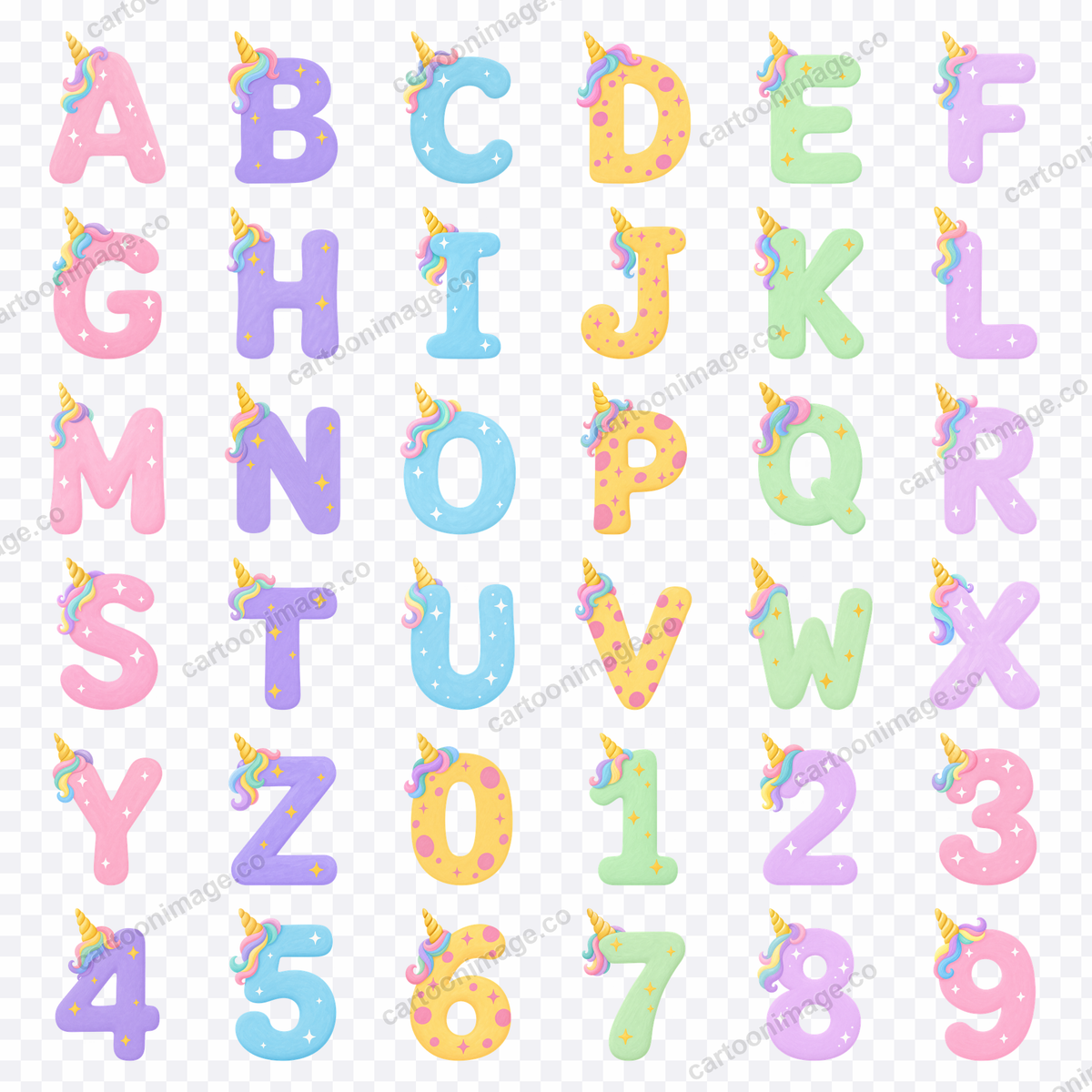 A grid of all 36 characters (26 capital letters and 10 numerals) on a transparency checkerboard, each with a gold horn, pastel mane and sparkles.