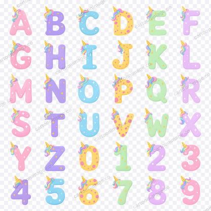 A grid of all 36 characters (26 capital letters and 10 numerals) on a transparency checkerboard, each with a gold horn, pastel mane and sparkles.