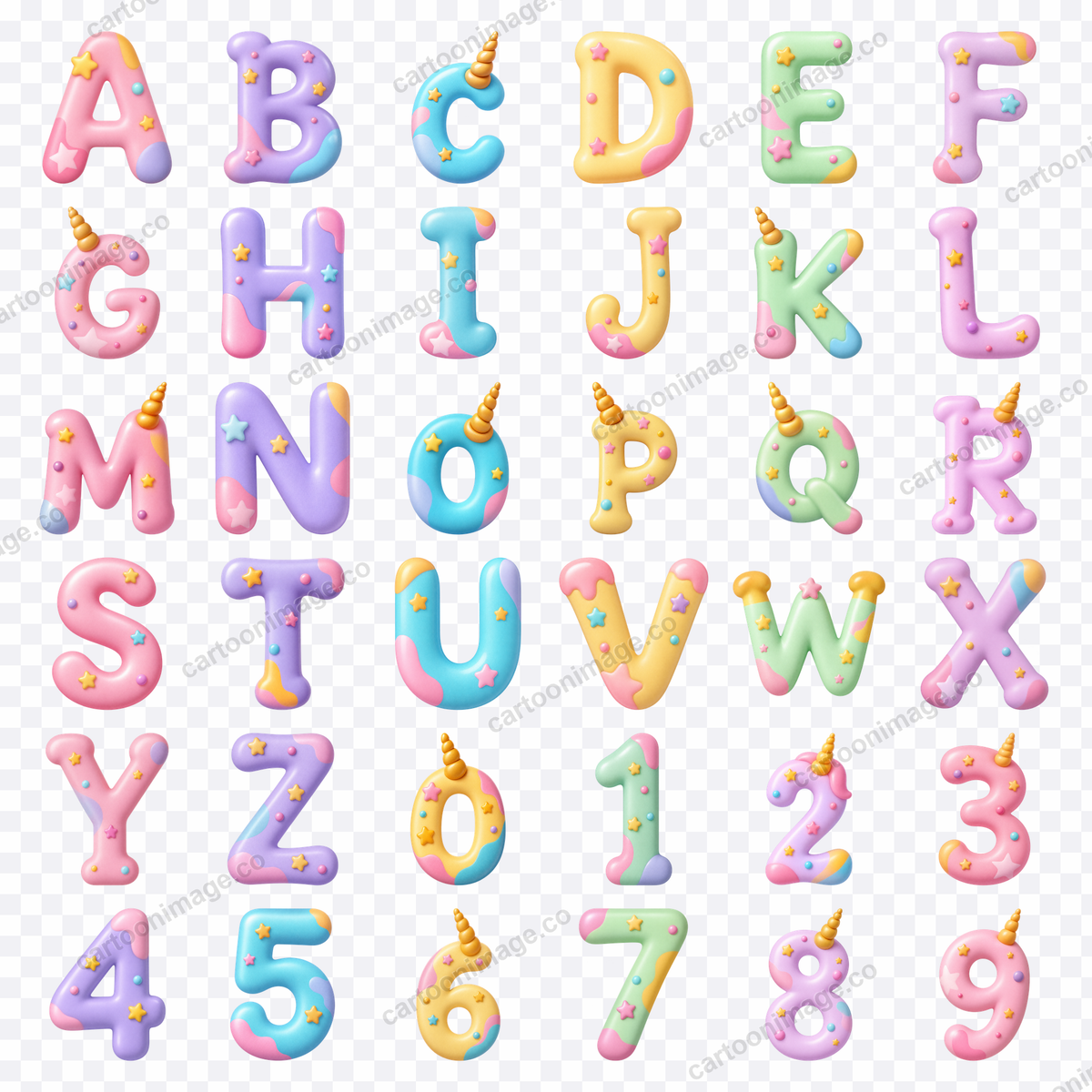 Grid of all 36 unicorn characters (26 capital letters and 10 numerals) arranged on a transparency checkerboard to show the real transparent background.