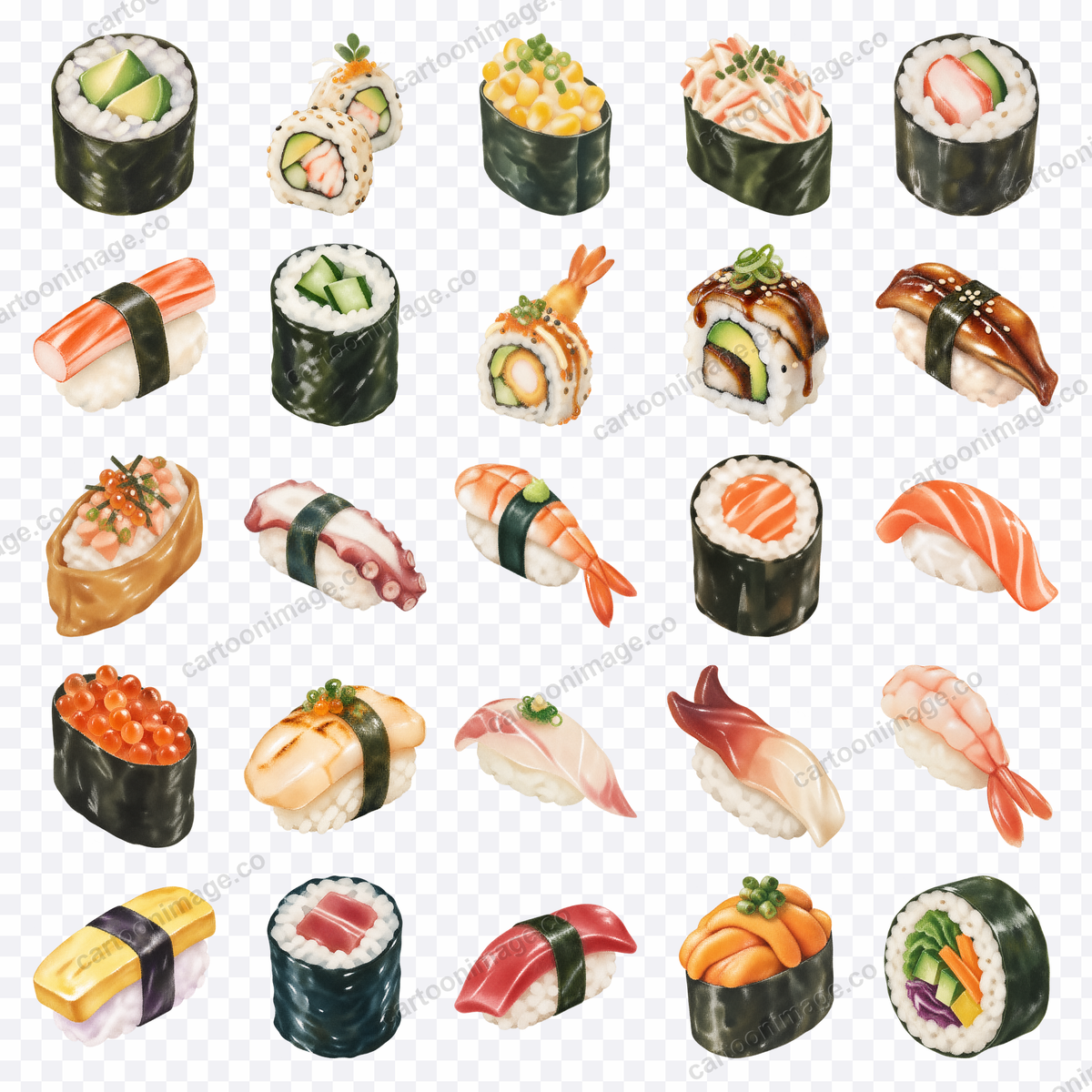 All 25 sushi punctuation marks arranged in a neat grid on a transparency checkerboard, each showing sesame seed detailing and a slim nori seam.