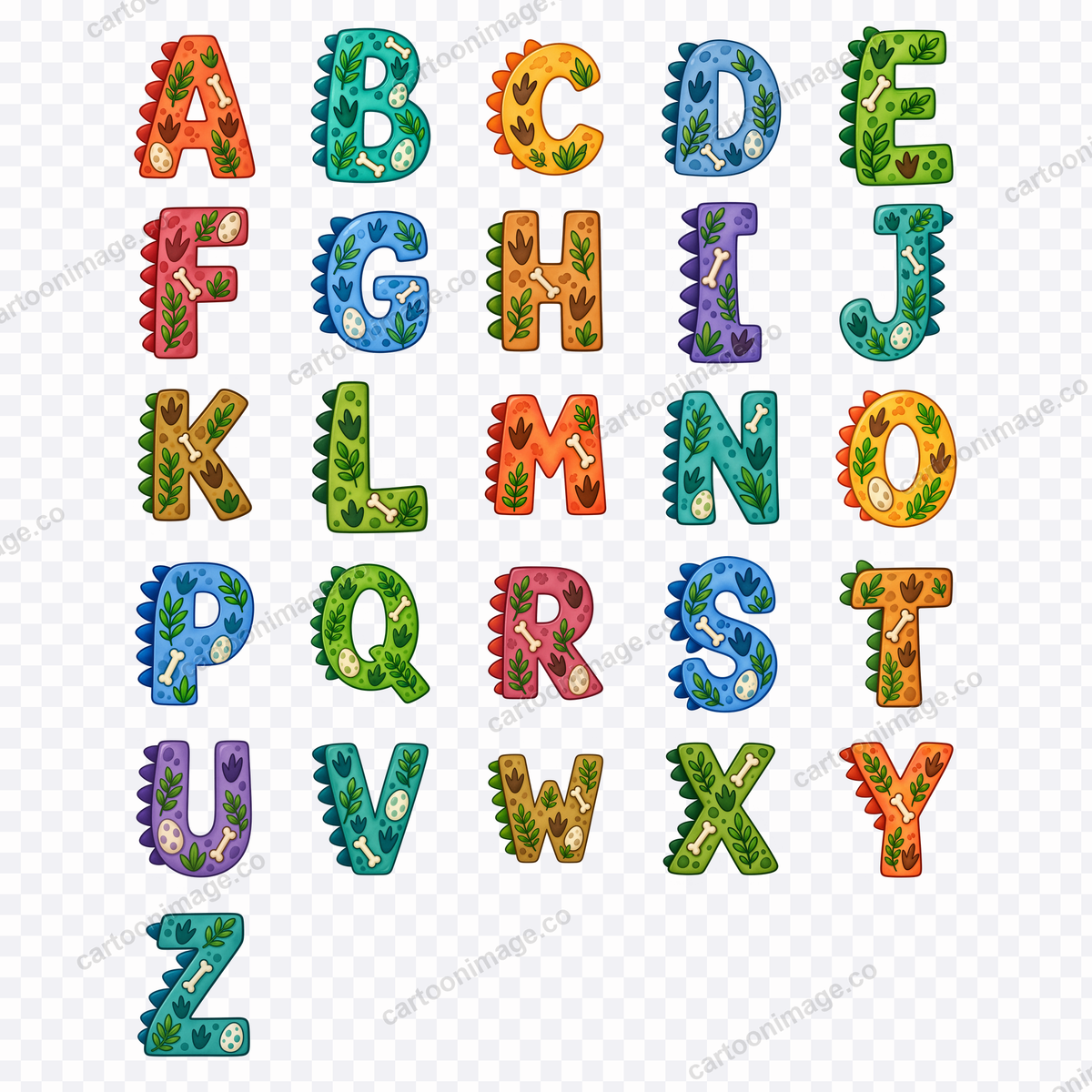 Grid of all 26 capital letters (A–Z) on a transparency checkerboard showing the real transparent PNG backgrounds.