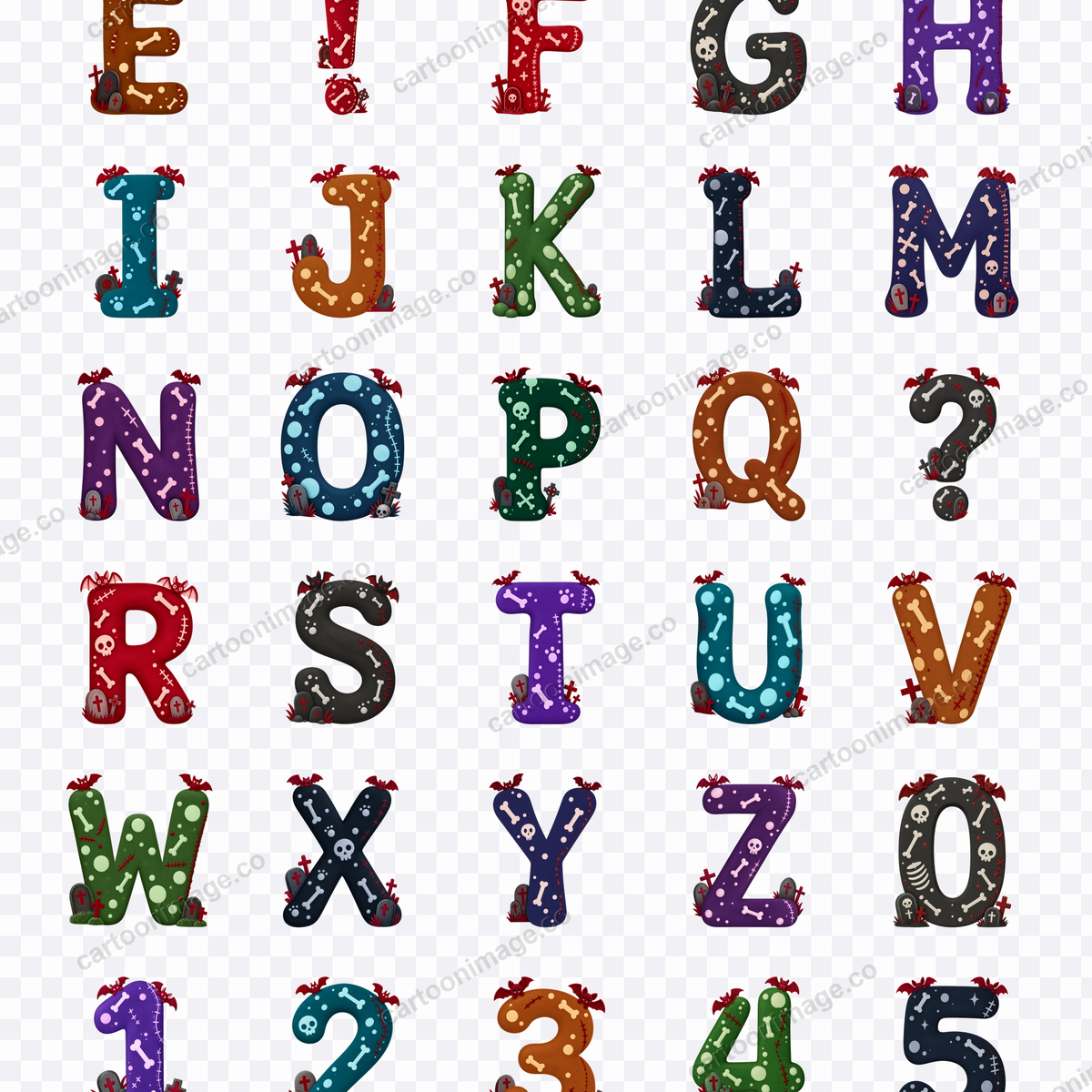 All 39 characters arranged in a grid on a transparency checkerboard showing bats, tombstones, bone marks and stitched scar details on each glyph.