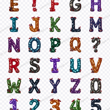All 39 characters arranged in a grid on a transparency checkerboard showing bats, tombstones, bone marks and stitched scar details on each glyph.