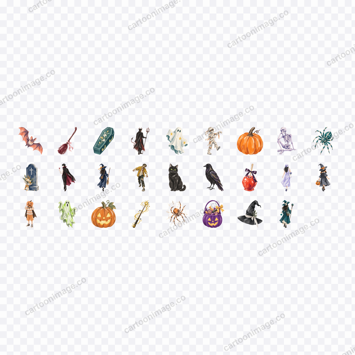 Every character displayed in a grid on a transparency checkerboard showing 13 capital letters and 13 punctuation marks with Halloween motifs and {accent} trim.