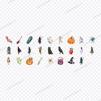 Every character displayed in a grid on a transparency checkerboard showing 13 capital letters and 13 punctuation marks with Halloween motifs and {accent} trim.