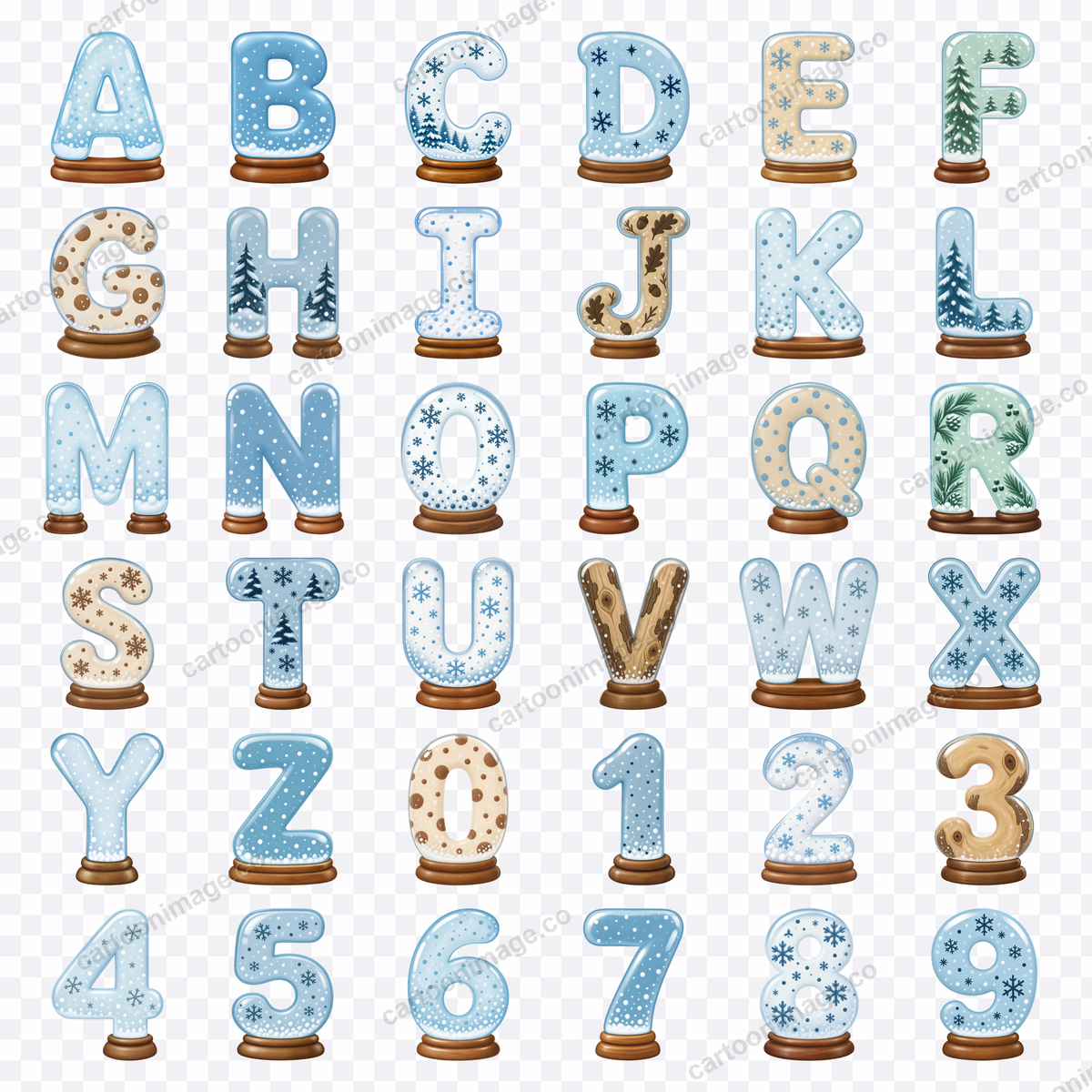 All 36 snow globe letters and numerals arranged in a grid on a transparency checkerboard background.