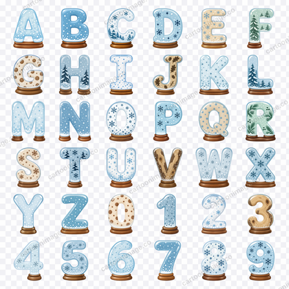 All 36 snow globe letters and numerals arranged in a grid on a transparency checkerboard background.
