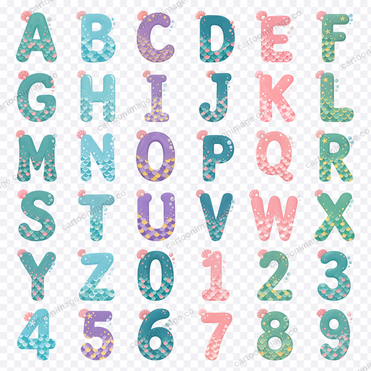 A grid of all 36 characters on a transparency checkerboard showing 26 letters and 10 numerals with the mermaid scale decoration.
