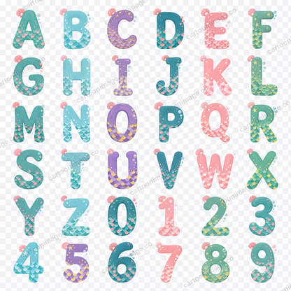 A grid of all 36 characters on a transparency checkerboard showing 26 letters and 10 numerals with the mermaid scale decoration.