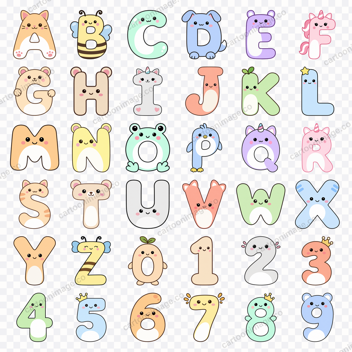 All 36 characters arranged in a grid on a transparency checkerboard, each capital letter or numeral presented as a smug animal with bandana and cheek marks.