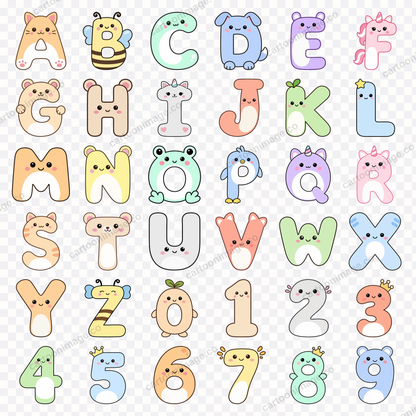 All 36 characters arranged in a grid on a transparency checkerboard, each capital letter or numeral presented as a smug animal with bandana and cheek marks.