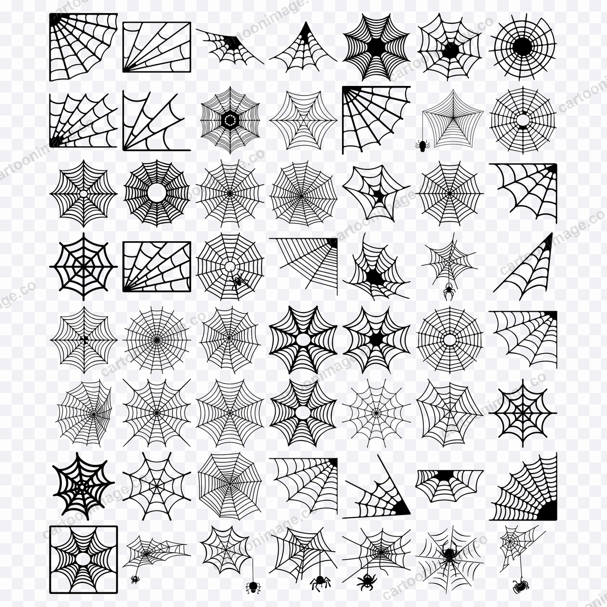 Grid of all 56 spiderweb illustrations displayed on a transparency checkerboard