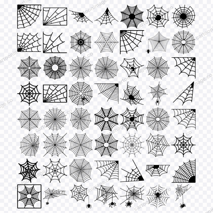 Grid of all 56 spiderweb illustrations displayed on a transparency checkerboard