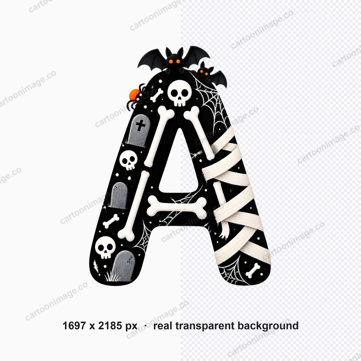 One Skeleton Spooks character enlarged and half over the transparency checkerboard, with close-up detail of spiderwebs across the face and bandage strip decoration on the right edge.