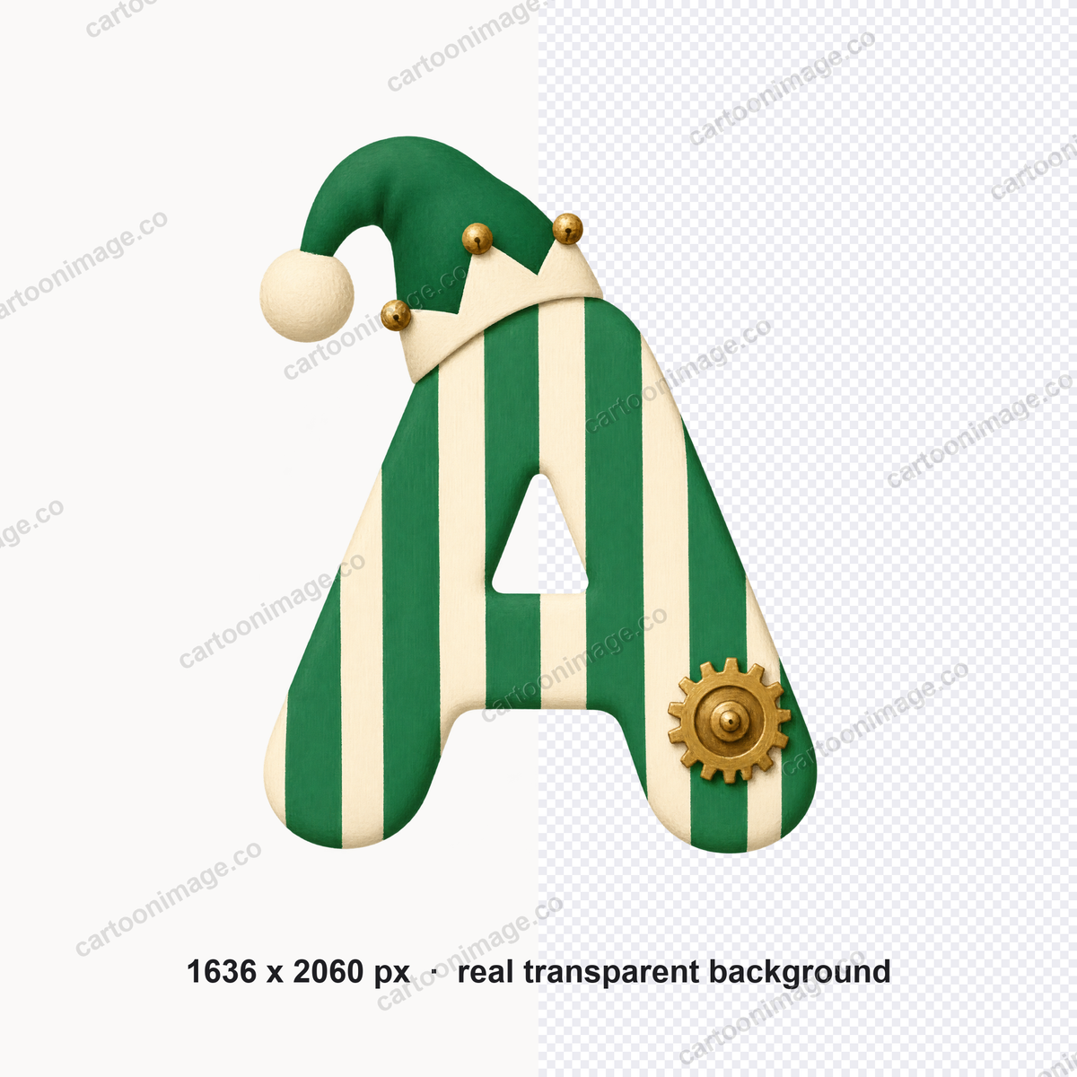A close-up of one character showing the vertical stripe fill, visible gear teeth and the pompom-tipped elf hat on a transparent background.