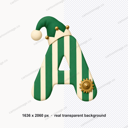 A close-up of one character showing the vertical stripe fill, visible gear teeth and the pompom-tipped elf hat on a transparent background.