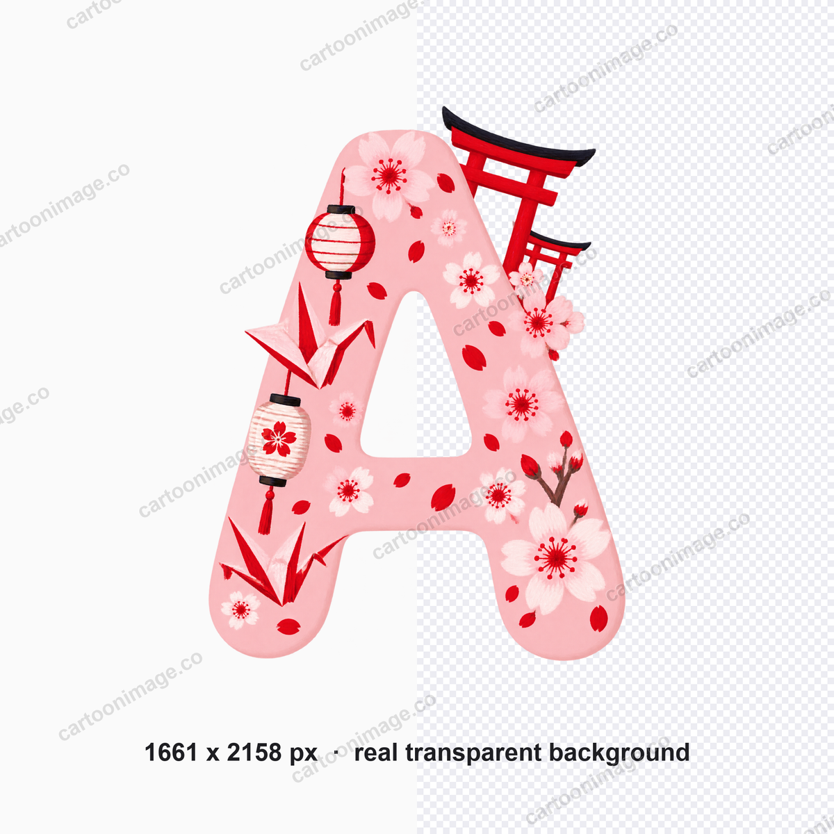Close-up of one letter showing cherry blossom details, torii gate trim and #E60026 red accents on lanterns and crane creases