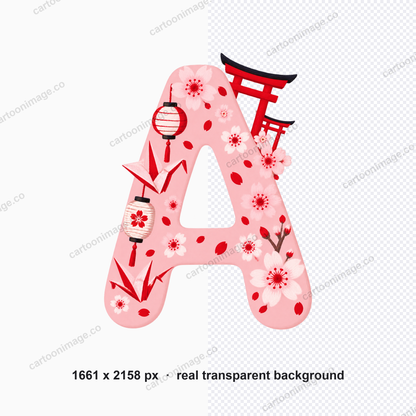 Close-up of one letter showing cherry blossom details, torii gate trim and #E60026 red accents on lanterns and crane creases