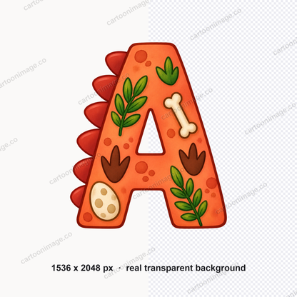 Close-up of one letter showing the rounded left back-plate, fern sprig, speckled egg, small bone and three-toed footprints.