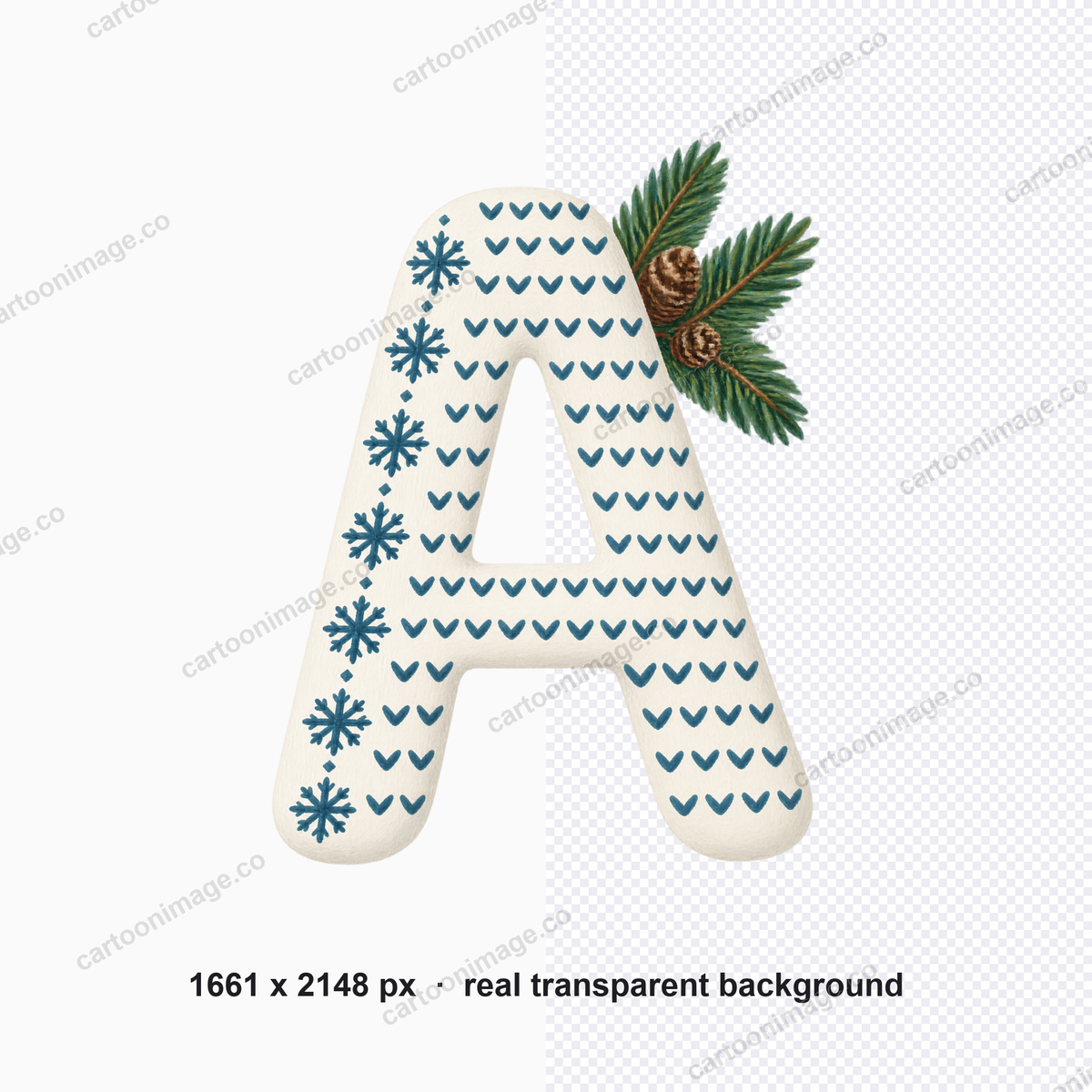Close-up of a single character showing the blue snowflake band on the left, tiny chevron 'knit' stitches across the face and the crossed pine sprigs tucked behind the top-right
