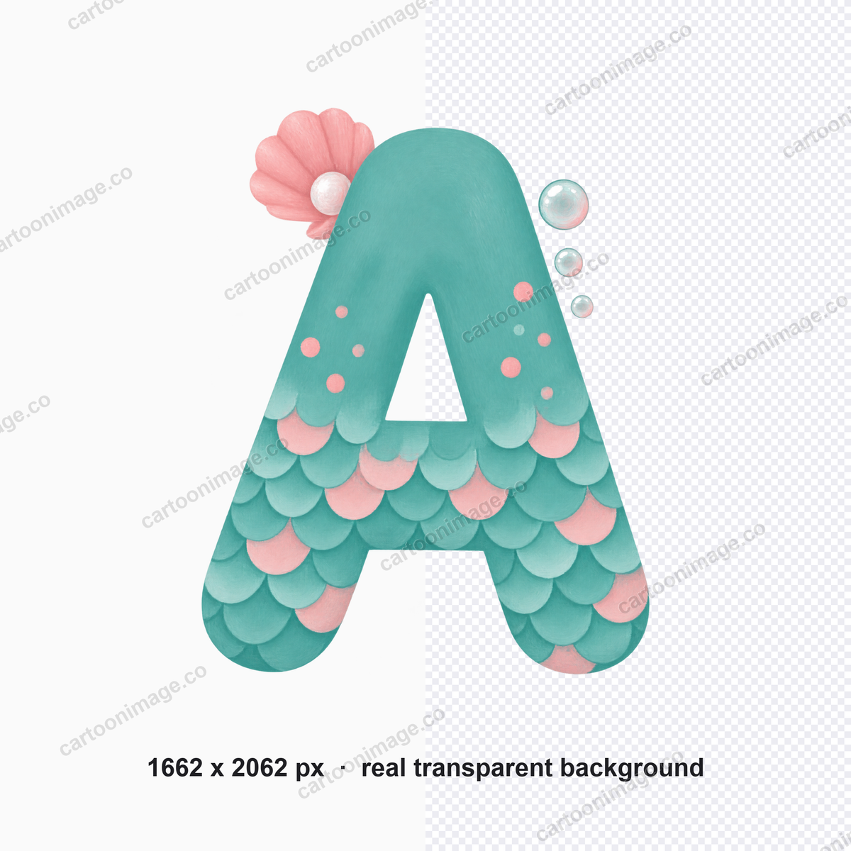 Close-up of one letter showing overlapping scallop scales fading toward the middle, a #F2A6B3 shell tucked behind the top-left and 2–4 tiny bubbles on the right edge.