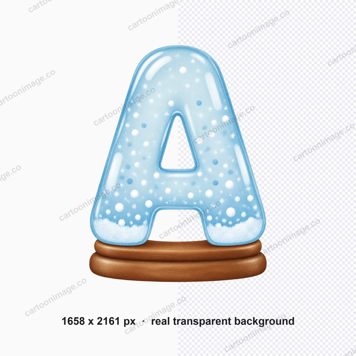 Close-up of one snow globe letter showing the soft dome sheen, #6FA8C7 rim, varied white snow flecks and the rounded wooden base.